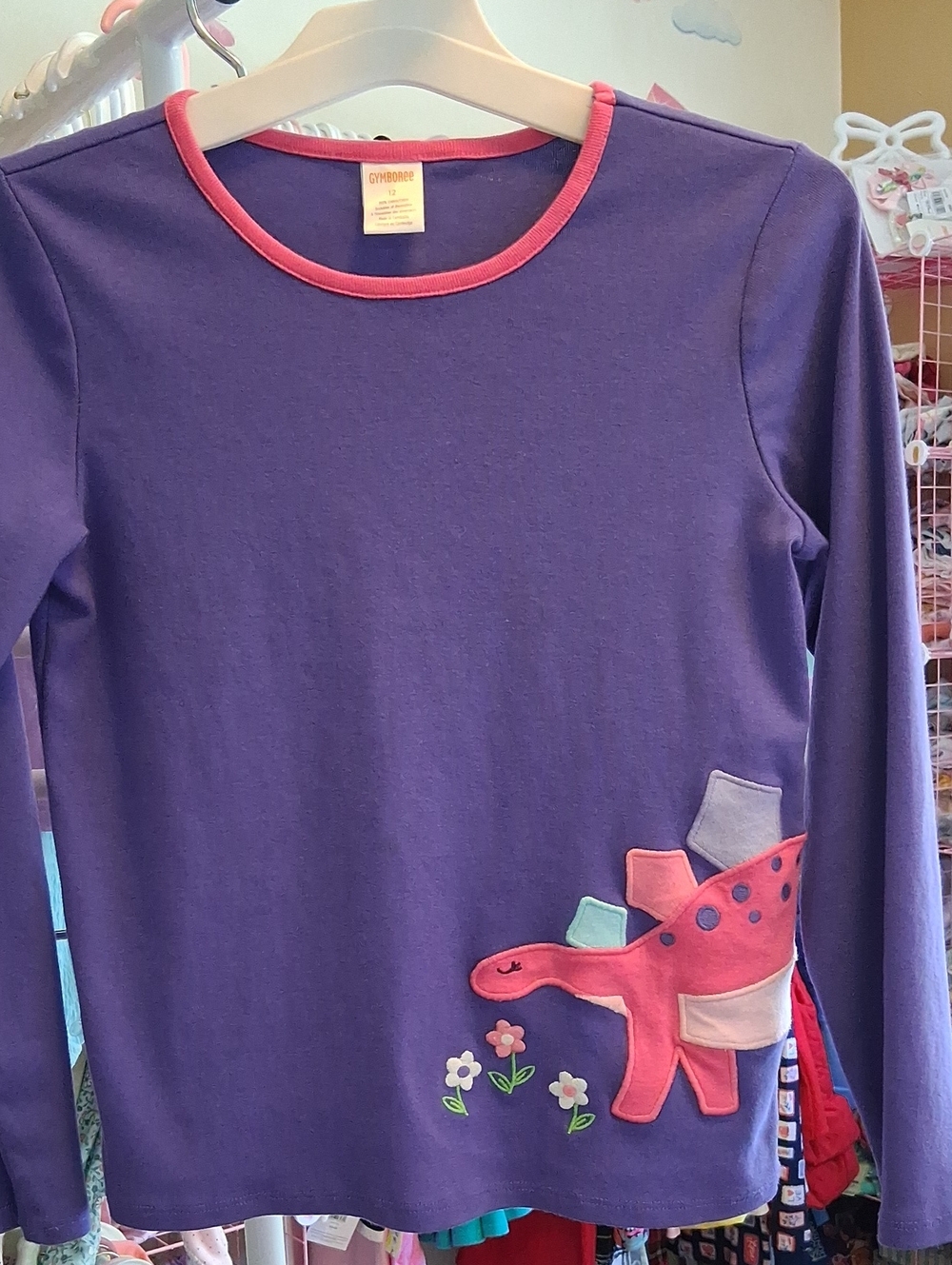 Gymboree Purple Long Sleeve Top with Pink Trim & Dino Patch